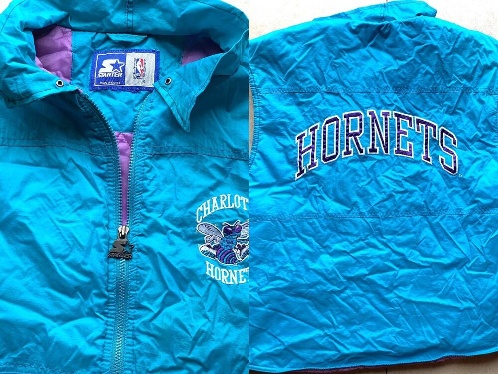 Charlotte Hornets 90s STARTER Vest puffer jacket L teal purple NBA vintage